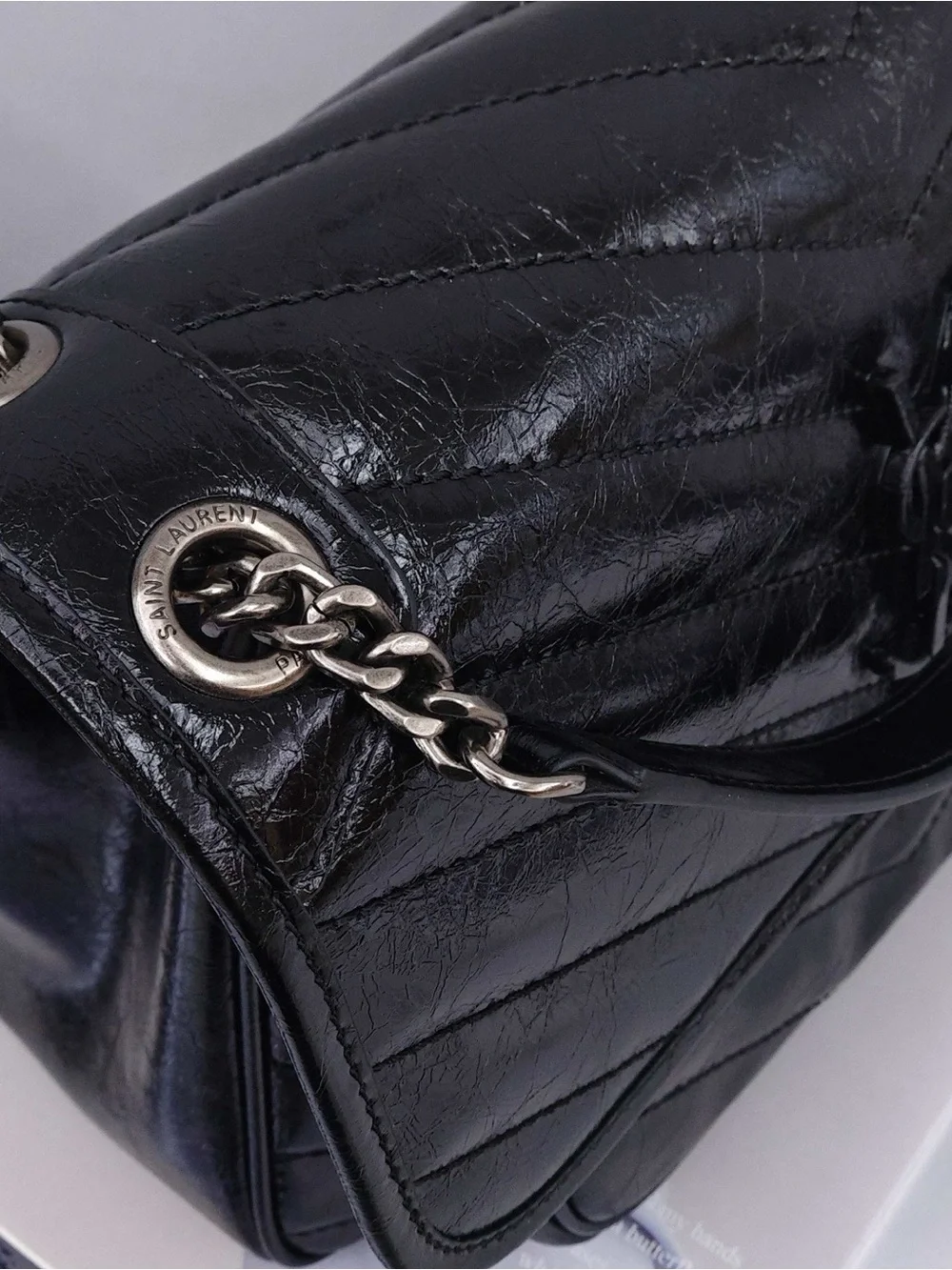 Saint Laurent Black Crinkled Leather Chain Shoulder Bag